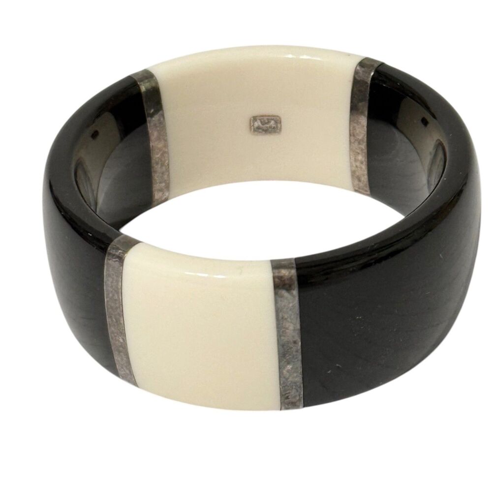 Ippolita Wide Bangle Bracelet Resin & Hammered 925 Silver Black & Cream 8"